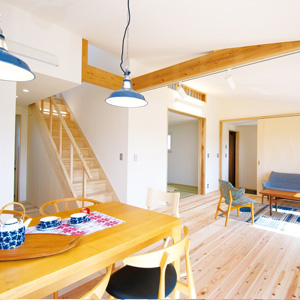 のびのびと広い空間が広がるリビング、ダイニング。家中同じ温度だからリビング階段も冷暖房の効率を気にせずにすむ。